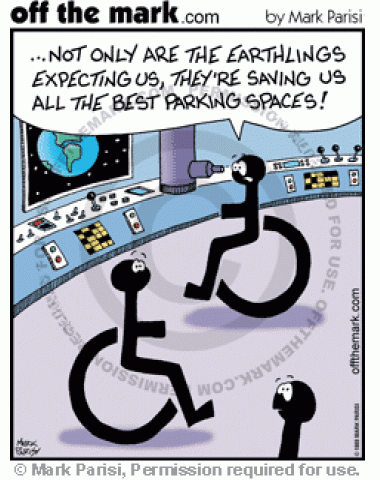 <p>
	Aliens shaped like the handicap symbol think Earthlings are saving them the best parking spaces.</p>
