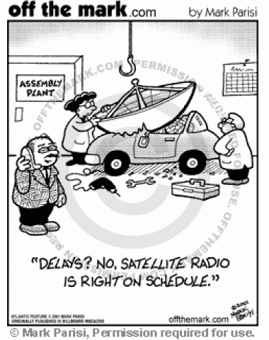 <p>
	Assembly plant has difficulty fitting satellite dishes in cars for satellite radio.</p>
