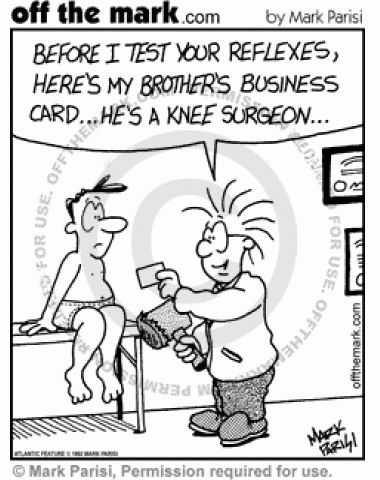Doctor offers patient business card for a knee surgeon, who happens to be the doctor's brother, before he tests the patient's reflexes with a mallet.