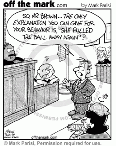 Charlie Brown has to defend himself in court after beating up Lucy for taking his ball away again.