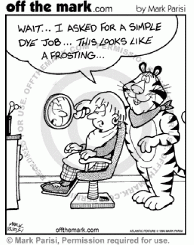 Tony Tiger frosts a woman's hair instead of dyeing it.