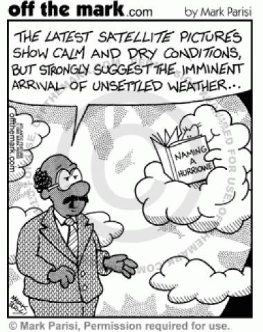 A cloud is reading a book about naming hurricanes.