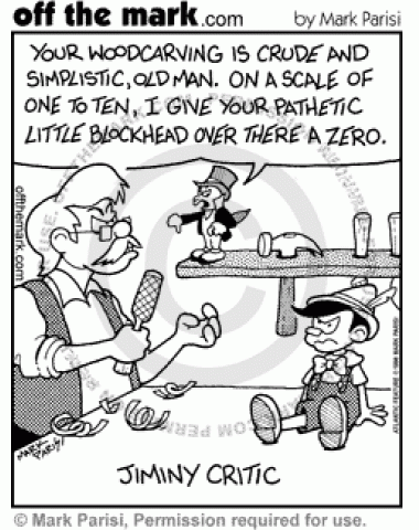 Jiminy Cricket criticizes Pinocchio's creator.