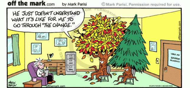 A female deciduous tree says her pine tree husband doesn't understand what it's like when her leaves change in autumn.