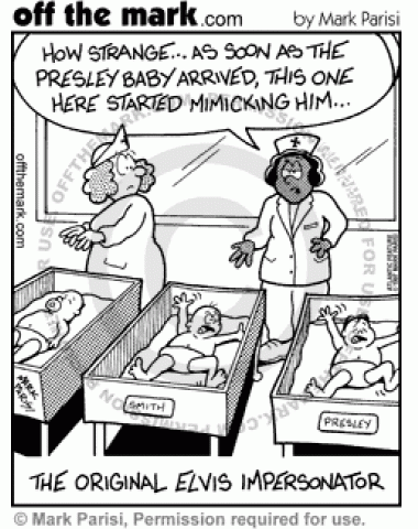 A baby imitates the newborn Elvis Prestley in the neonatal ward.