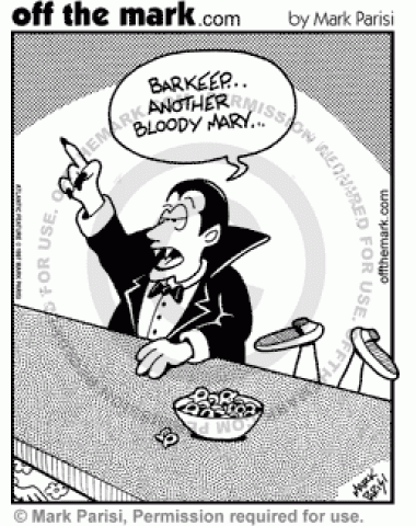 A vampire orders Bloody Marys at a bar.