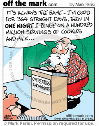 Santa goes to Overeaters Anonymous to talk about binge eating cookies and milk on Christmas.
