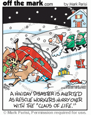 Santa gets trapped in his sleigh, but rescue workers get him out with the Claus of Life.