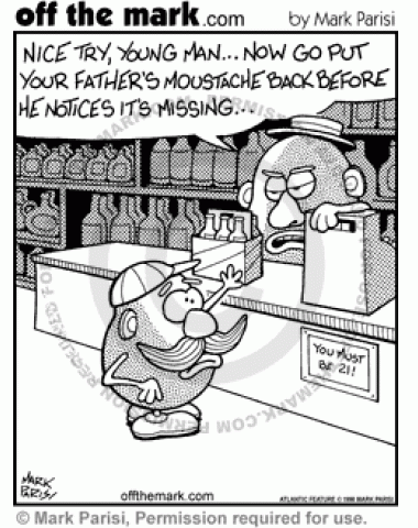 A young Mr. Potatohead steals his dad's mustache to buy alcohol.