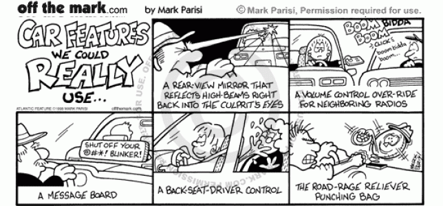 The cartoon lists car features that would be really helpful.