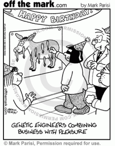 Genetic engineers combine please and business at a birthday party.