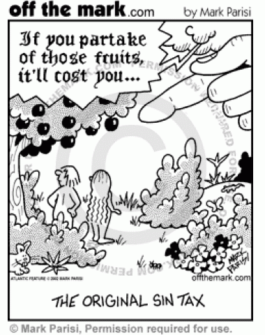 Adam Eve Apple Sin Tax - off the mark cartoons
