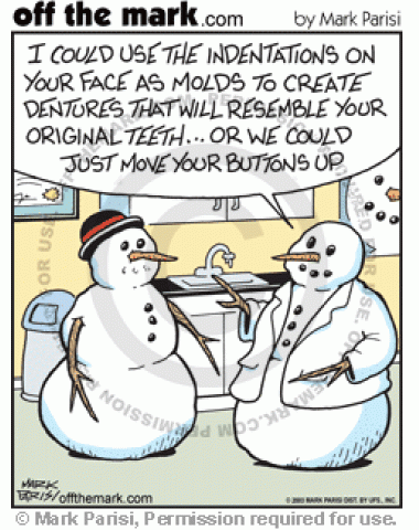 A snowman can have its smile fixed with surgery, or by just moving the buttons.