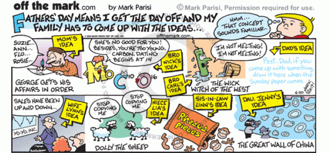 Mark takes the day off and his family comes up with the ideas for the cartoon.