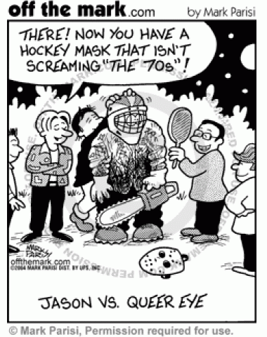 The guys from Queer Eye give Jason a new hockey mask.