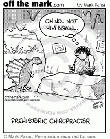 This caveman is a chiropractor for the dinosaurs.