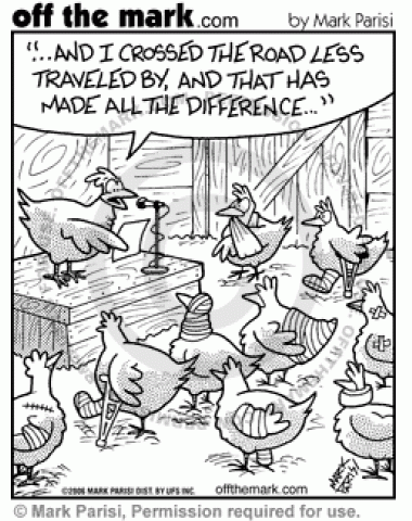 A chicken lectures at a seminar on how to  successfully cross the road by crossing at a less busy section.