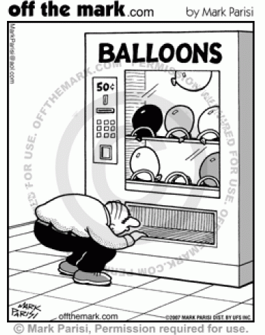 A man uses a balloon vending machine, but can't get the balloon out because it floated to the top.