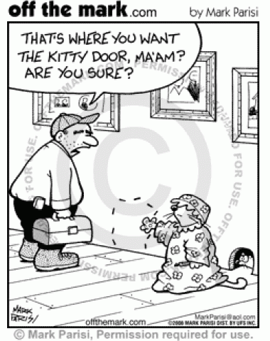 Kitty in disguise convinces carpenter to put in kitty door in the wall by a mouse hole.