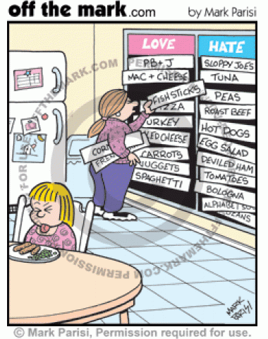 Mother adjusts ever changing love / hate foods list for child.