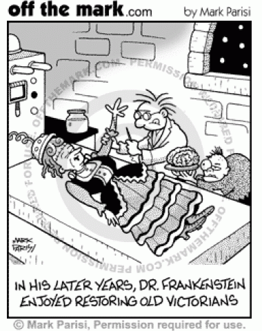 Dr. Frankenstein restores life to an old Victorian woman.
