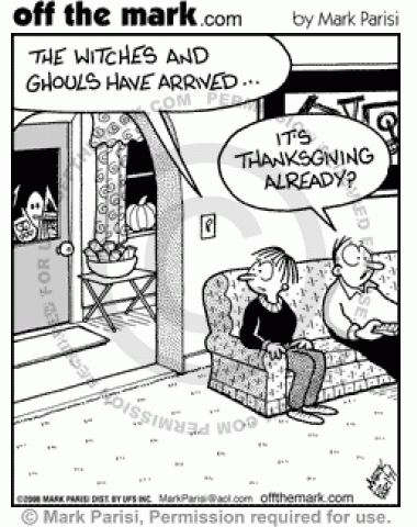 Husband confuses halloween ghouls with family arriving for thanksgiving.