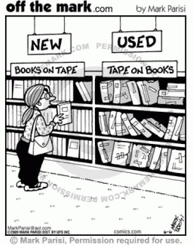 New and used bookstore sells books on tape and tape on books. 