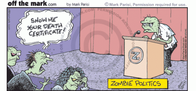 Zombies ask for death certificate as proof of zombie candidate's death.