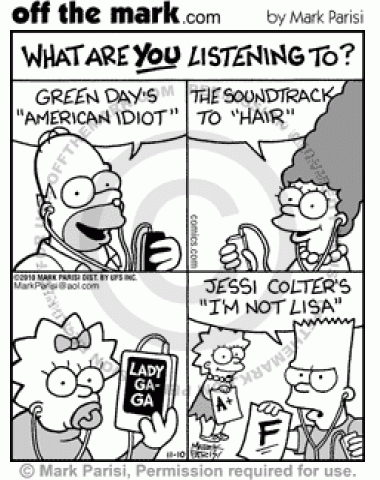 Songs Homer, Marge, Maggie, Lisa, and Bart Simpson are listening to.