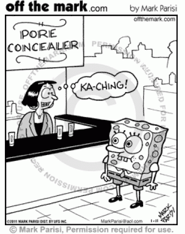 Saleswoman targets Spongebob's complexion for pore concealer.  