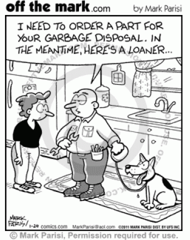 Plumber offers woman a dog as a replacement for garbage disposal.