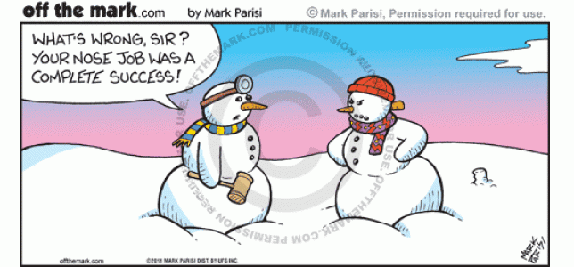 Snowman plastic surgeon uses hammer to push carrot nose through back of head. 