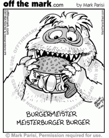 Abominable Snowman eats Burgermeister Meisterburger as a burger. 
