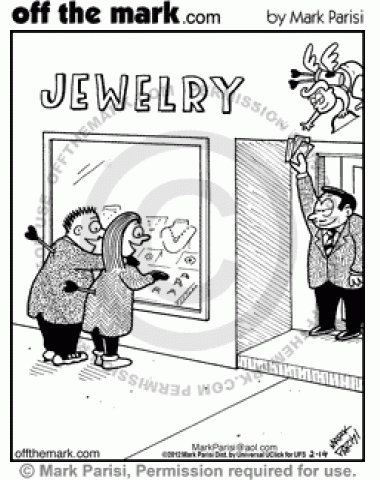 Jeweler gives Cupid money to shoot two lovers admiring jewelry.  