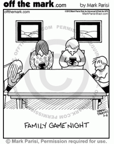 Family plays with own electronic devices on family game night.