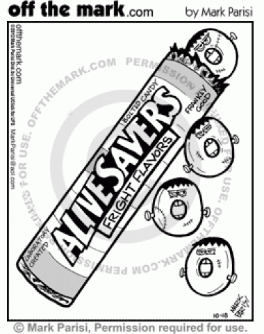 Alivesavers candy parodies Lifesavers.