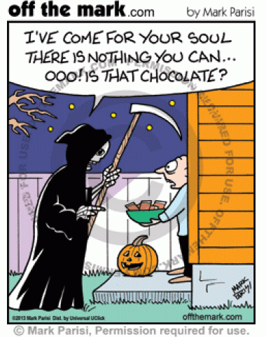 The grim reaper gets distracted by chocolate.