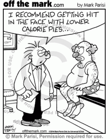 A clown's doctor tells him he's too fat and needs to get hit in the face with lower-calorie pie.