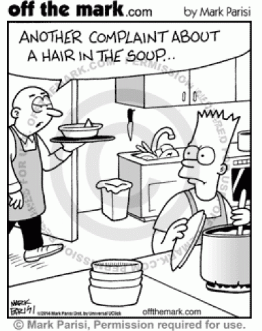 Bart Simpson accidentally drops his hair in the soup while working at a kitchen.