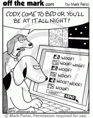 A dog instant messages his friends.