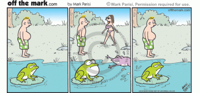 A frog sticks out its throat to impress a girl frog, and a man sucks his stomach in to impress a woman.