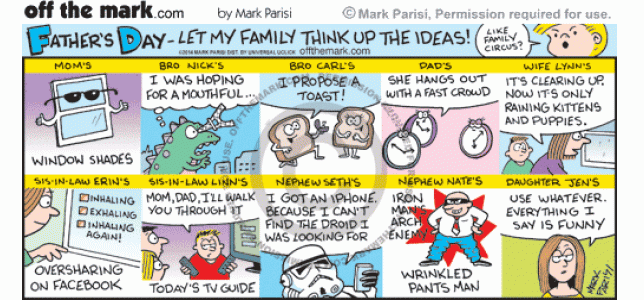 The cartoonist lets his family come up with ideas for his father's day cartoon.