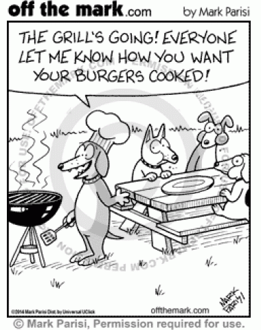 Dogs eat their burgers before their BBQ host can cook them.