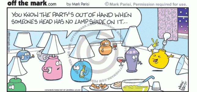 Party's out of hand because one lamp's head has no lampshade.