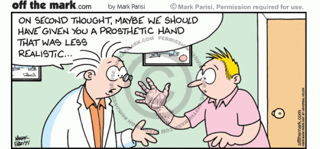 Doctor regrets patient's five fingered prosthetic compared to four fingered cartoon hand.