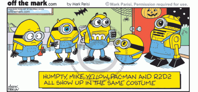 Various characters all show up to Halloween party dressed in same Minion costume.