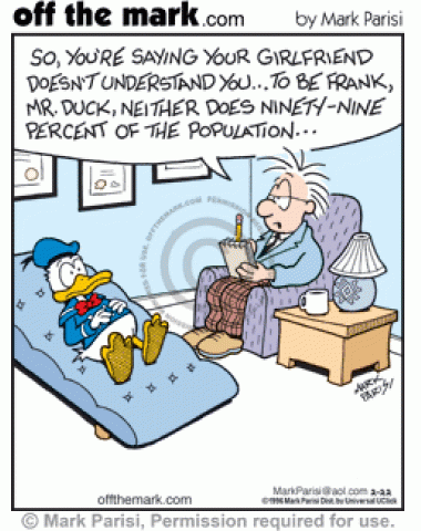 Therapist tells Donald Duck that ninety-nice percent of population doesn't understand him.