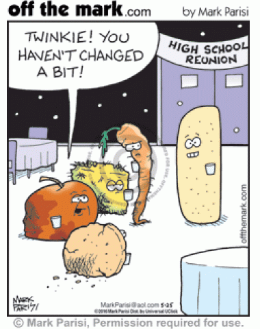 At high school reunion, fruits and vegetables are jealous Twinkie hasn't aged at all.