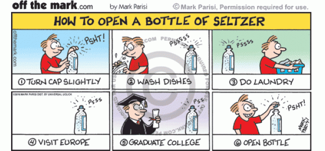 It takes a very long time to open seltzer bottle without spraying.