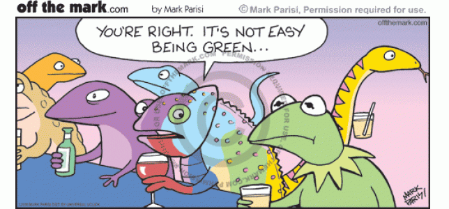 Chameleon sympathizes with Kermit that it's not easy to be green.